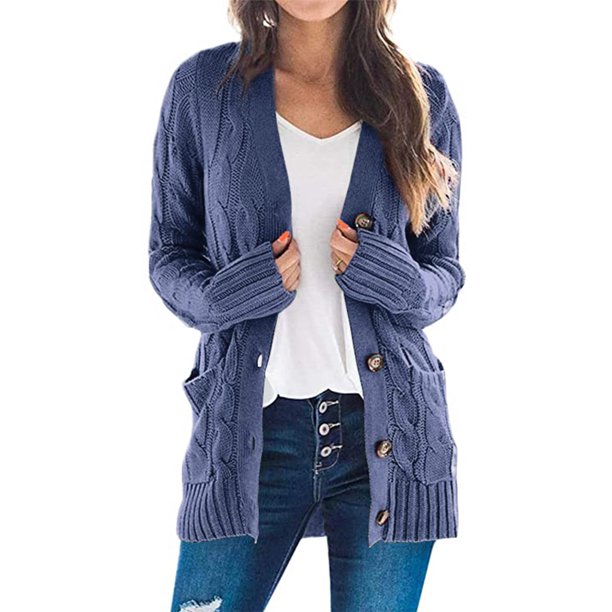 Jersey tipo cárdigan PRETTYGARDEN para mujer, tejido trenzado, azul y gris