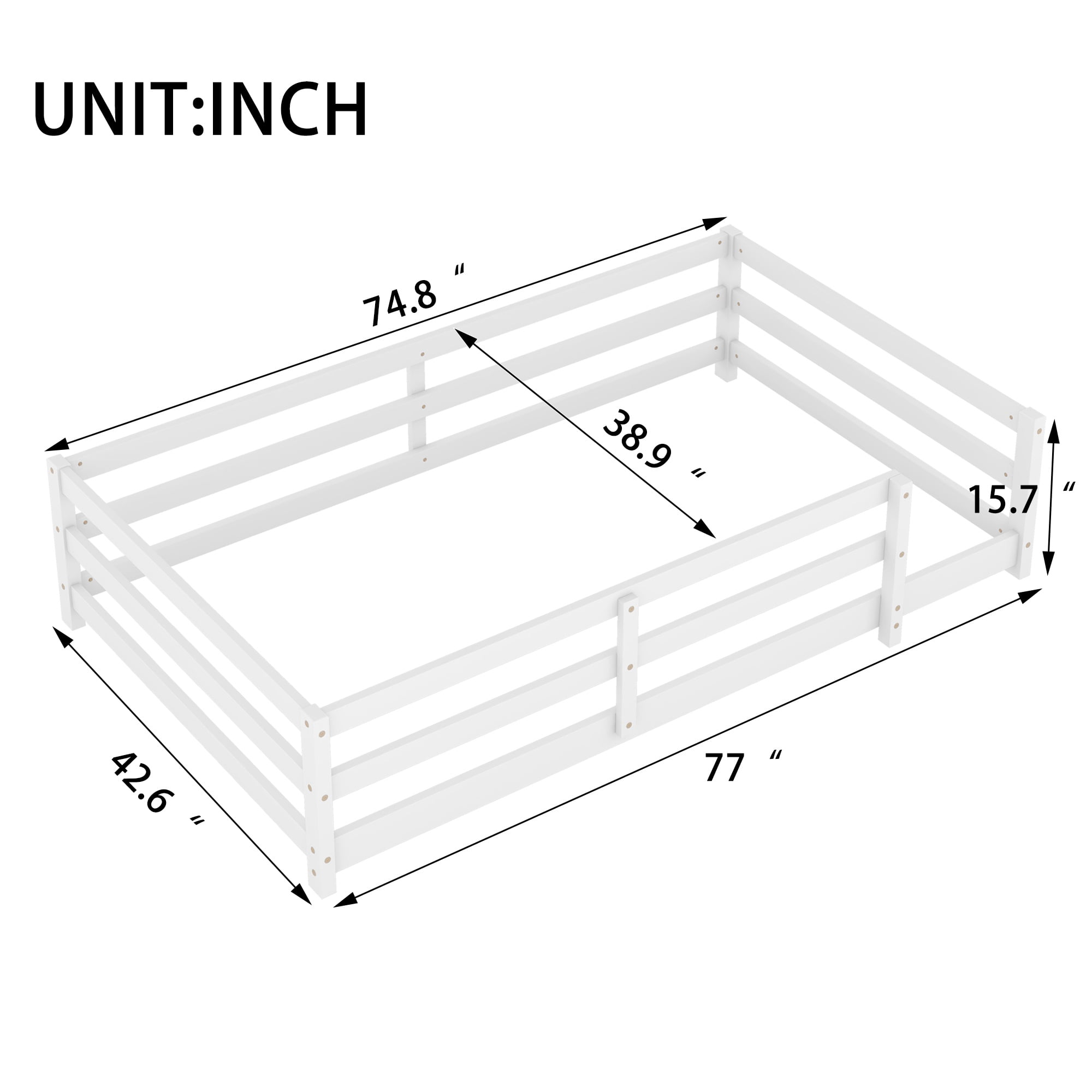 Sesslife Twin Size Floor Bed with Door and Fence, Wood Twin Floor Platform Bed with Slats, Toddler Bed for Kids Boys Girls, Montessori Bed, No Box Spring Needed, White