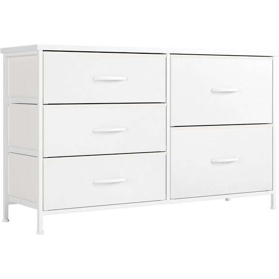Killeryuki White Dresser for Bedroom with 5 Drawers, Small Dresser for Kids' Bedroom, Closet, Wide Chest of Drawers with Fabric Storage Drawers, Wooden Top, Steel Frame, Modern, White