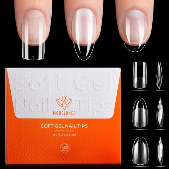 Modelones Short Almond & Square & Round Nail Tips - Multi-type 3 Styles Set Gel Tips Half Matte Full Cover Clear Acrylic Gel Kit Fake Nails for Extension DIY Salon 450Pcs 15Sizes