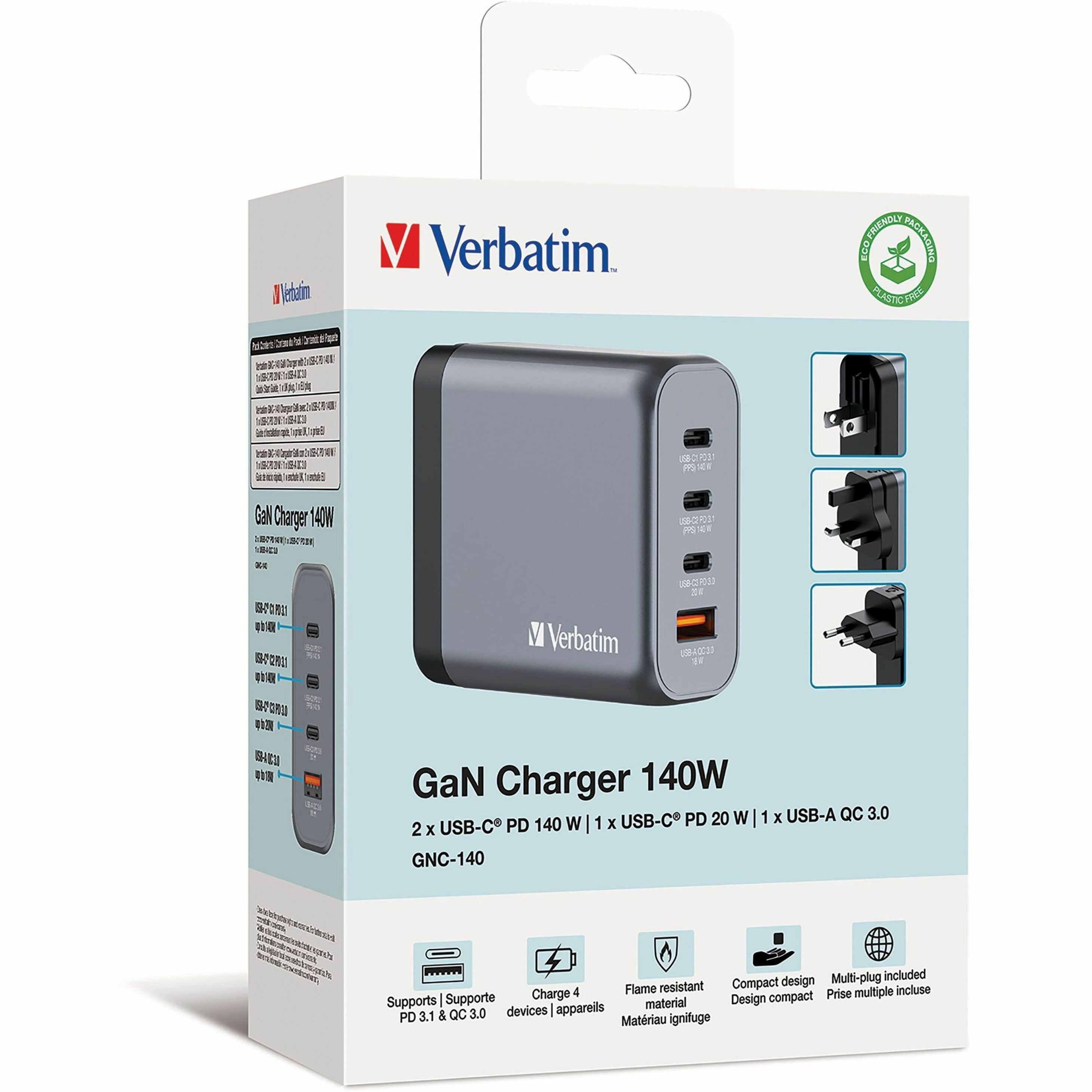 Verbatim 140 W 4-Port GaN Wall Charger, Black/Gray