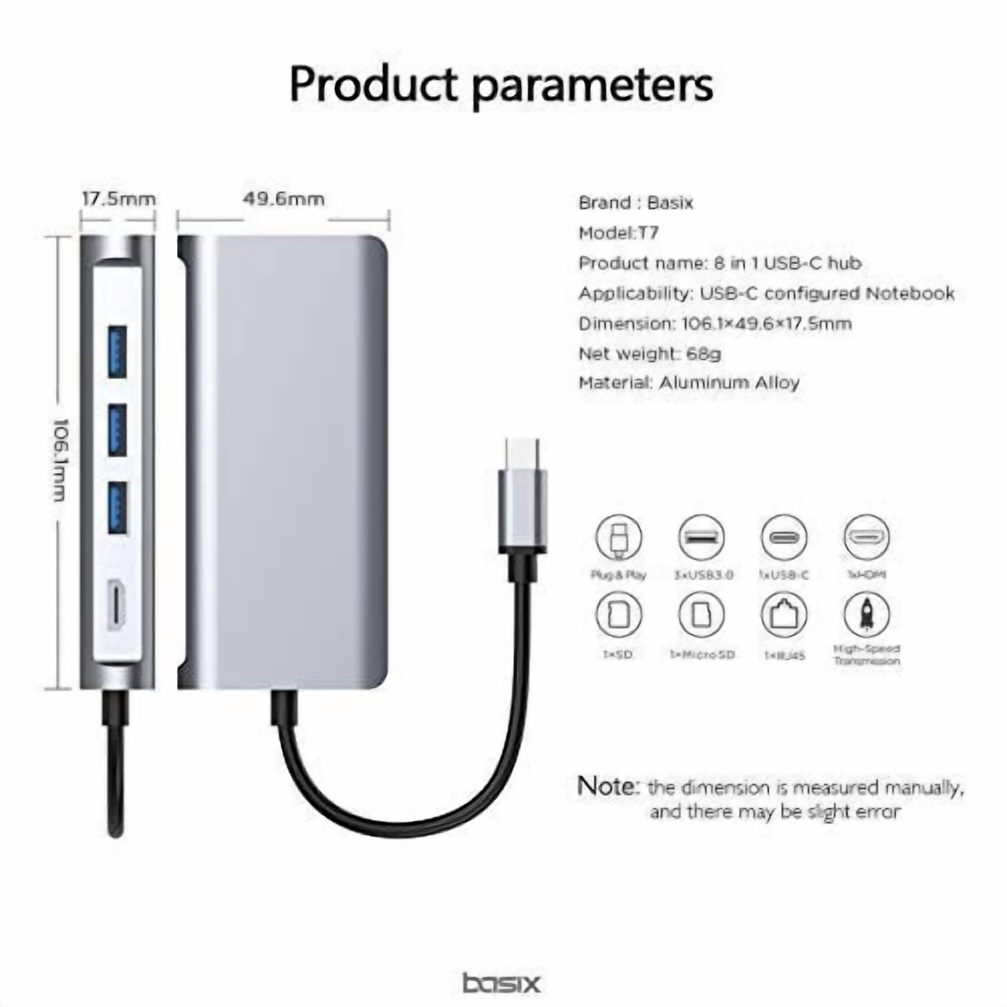 THYMOBO 8 in 1 USB C to USB Hub, USB Type C Adapter w. 3 USB 3.0 Ports, SD Micro SD, RJ45, USB C to HDMI
