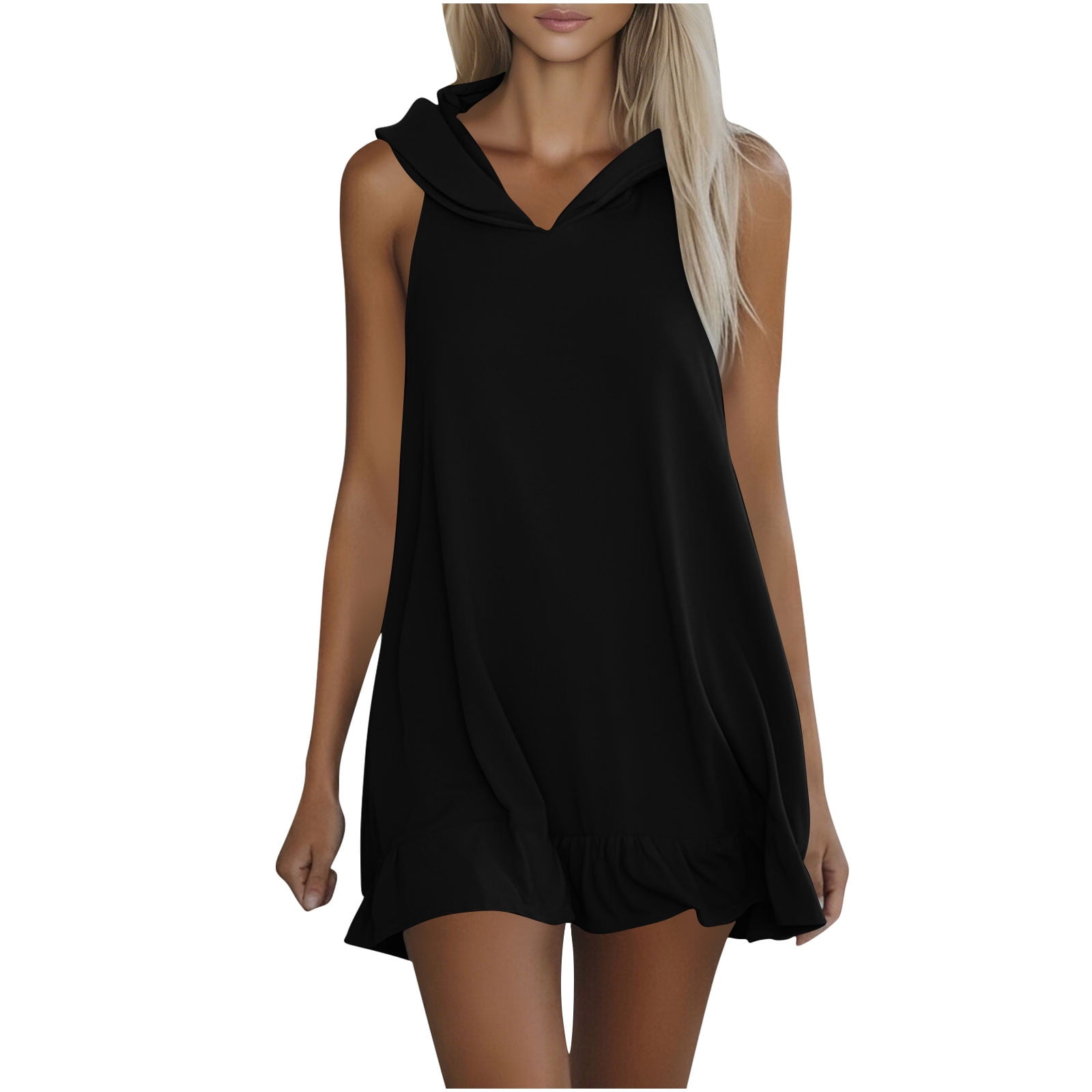 BiZtdJrK Womens Summer Sleeveless Hoodies Solid Color Casual Athletic Golf Tennis Dress Travel Vacation Clothes, Black, S