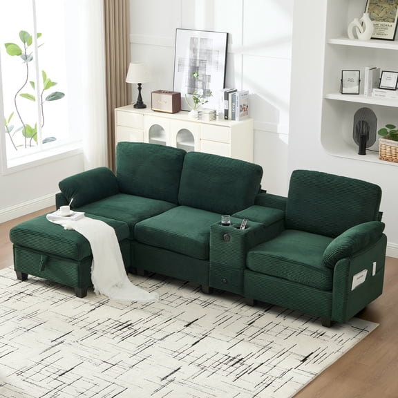 Leumius L-Shaped Sectional Sofa for Living Room,105" Modular 4-Seater Upholstered Sofa Couch with Cup Holder/USB Interface/Storage Box,Emerald