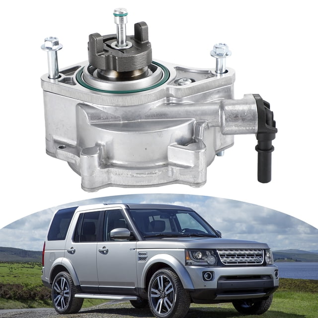 Brake Vacuum Pump LR082226 for Land Rover LR4 and Range Rover Sport HSE models with 5.0L and 3.0L V8 engines. This durable automotive replacement part features metal construction, low vibration, and is a direct replacement for brake components. Includes mounting hardware and is shown in a close-up view with a Land Rover LR4 in the background.