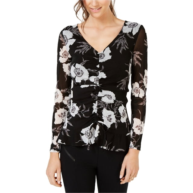 I.N.C Womens Floral Tie-Hem Pullover Blouse, Black, Small