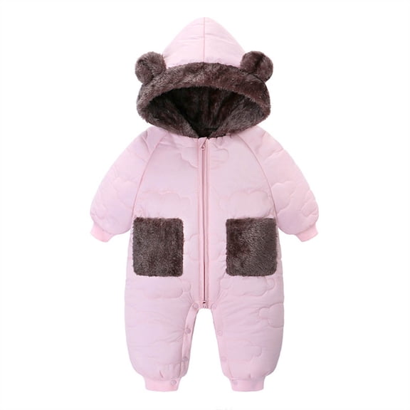 KyCheLot Newborn Cotton Jumpsuit with Hood Zip-Up Long Sleeve Fleece Romper Winter Warm Puffer Jacket Sets