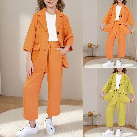 MKOSPLRT Kid's Blazers Suit Jackets 3/4 Sleeve Notch Collar Jacket Coats Baggy Cropped Dress Pants Solid Casual Dressy Blazer Sets 3-14Y