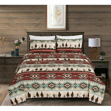 3-Piece Southwestern Cowboys Aztec Sheet Set Twin - Multicolor Teal Brown Beige Tan Red Printed Brushed Microfiber Lightweight Breathable Deep Pocket Bed Sheets