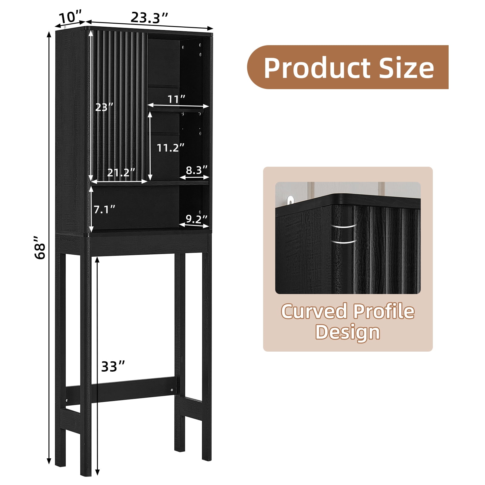 LELELINKY Over The Toilet Storage Cabinet with Rattan Sliding Door, 68" Tall Wood Bathroom Organizer with Adjustable Shelf for Small Spaces, Black