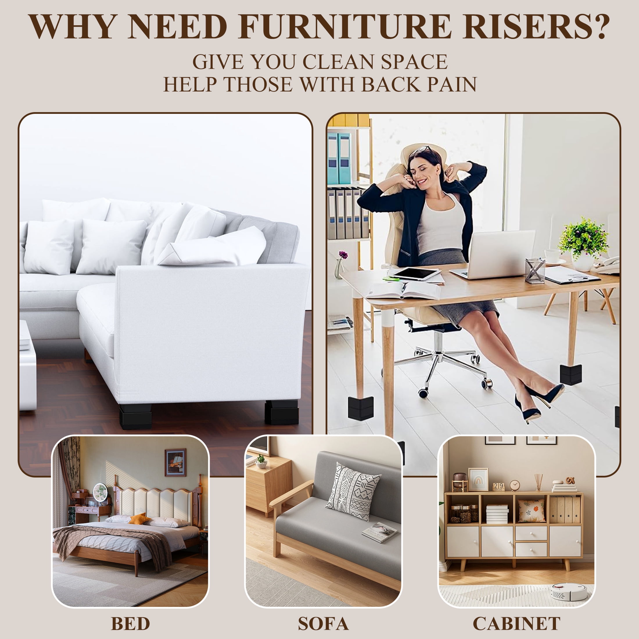 Aovky Furniture Risers, 1.5 or 3 Inch Heavy Duty Adjustable Bed Risers, Square Furniture Bed Lifts Risers for Sofa Table Couch Desk Chair Legs Support Up to 1100 Pounds, 4 Pack