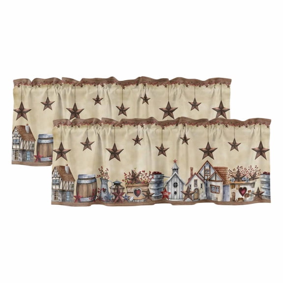 Star Brown Curtain Valances for Windows, Kitchen Valance Window Treatments Panel 2 Pack, Farmhouse American Country Vintage Berry Rod Pocket Short Curtains for Bathroom Bedroom 42 x 18 Inch