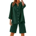 thumbnail image 2 of Pyhlmscde Womens Daily Casual Solid Long Sleeve V Neck Shirt Tops Pockets Elastic Waist Shorts Shirt Shorts Set, Lounge Sets for Women, Two Piece Sets for Women Summer Green XL, 2 of 5