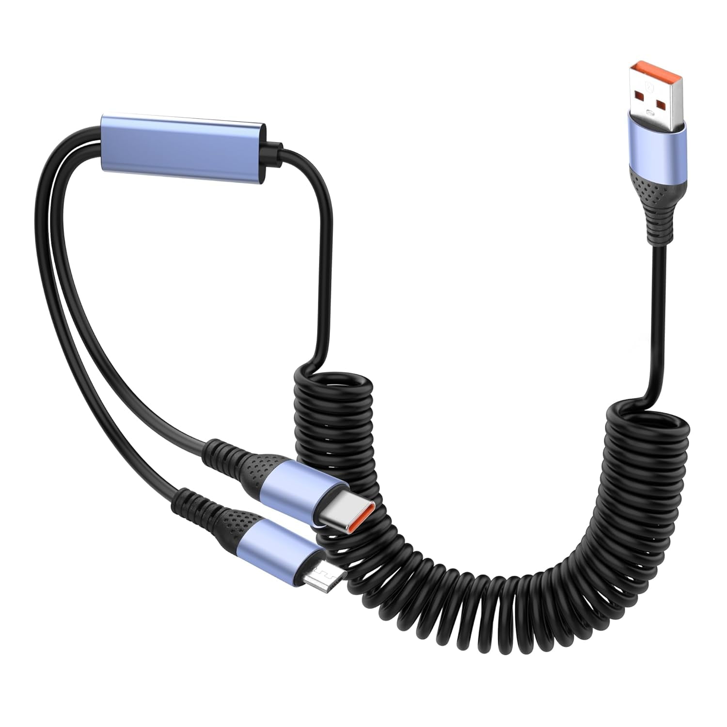 HRTGFD-66W 2-in-1 Retractable Coiled USB Cable with Micro USB Type-C Connector for Phone,Laptop,Tablet,Multi-Charge Spring Cable 6A Fast Charging & Data Sync (USB A to Micro USB & Type-C)
