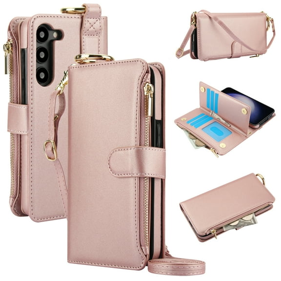 for Samsung Galaxy S22 Wallet Case with Card Holder - PU Leather Case Detachable Crossbody Strap & Wristband & Secure Ring, Shockproof Protective RFID Blocking Zipper Purse Phone Cover, Rosegold