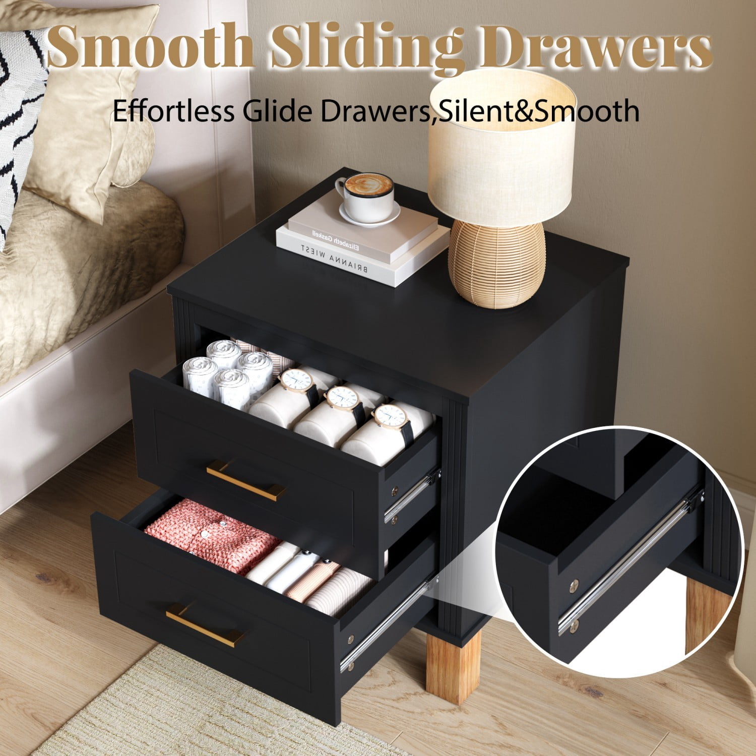 2 Drawer Nightstand with Solid Wood Legs, Fluted Bedside Table with Metal Handles, Tall Wood End Table Storage Cabinet for Bedroom, Living Room, Black