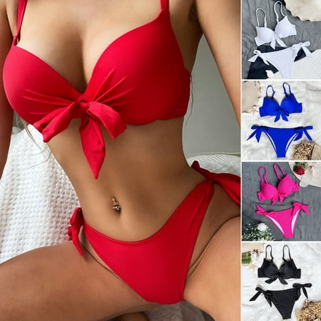 Joernso 2Pcs/Set Women Summer Bikini Set Padded Sling Bowknot Lace-up Bra High Waist Swim Briefs Set Solid Color Quick Drying Swimwear