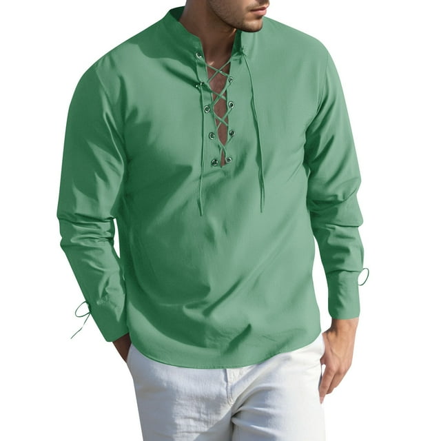 Medieval Style Men's Shirt Long Sleeve Casual Daily Wear Tunic Top With Drawstring Pure Color Soft Stretch Fabric For All Seasons