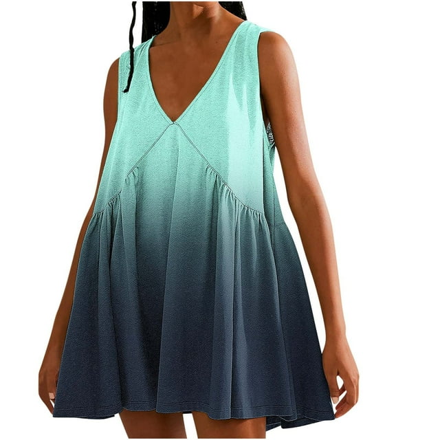 FAIWAD Robes Patchwork Surdimensionnées pour Femmes Été Amples Dégradé Sans Manches Col en V Plissées Mini Robe d'Été