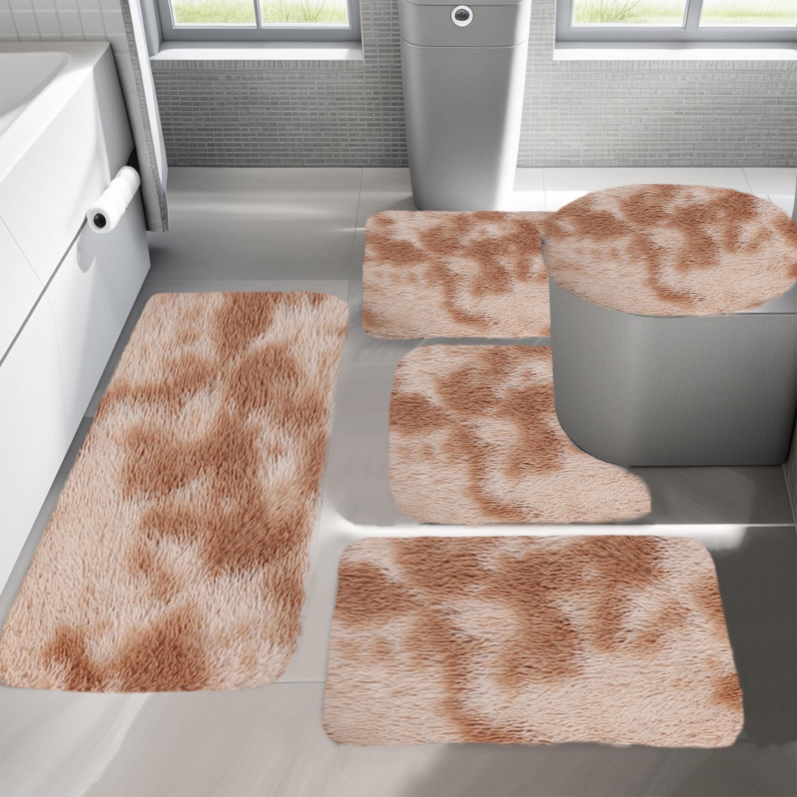 AuroraX Bathroom Rugs Sets 5 Piece,Soft Washable Non Slip Yellow Bathroom Runner Rug with Toilet Rug U Shaped Home Bathroom Decor Farmhouse