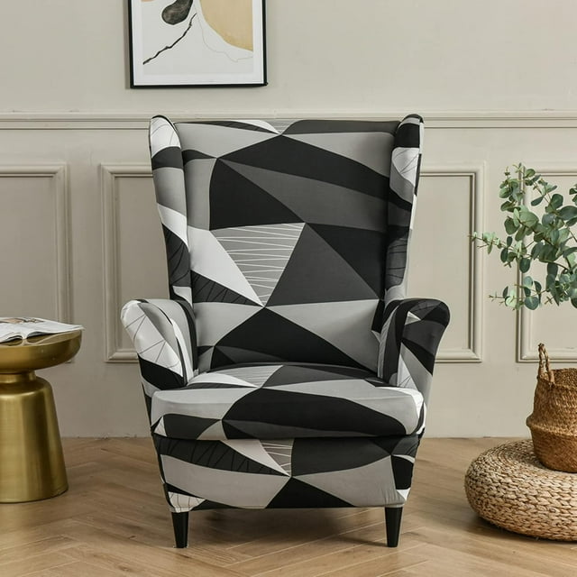 Wing Back Chair Covers with Arms Piece Slipcovers for Armchair Washable Stretch Print Pattern Wingback Chair Cover Furniture Protector Geometry