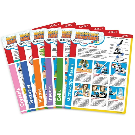 IQCrew - Microscope Experiment & Activity Cards for Kids & Students - Microscopic Adventures (Set of 6 Experiment Cards) - BK-EXCL1