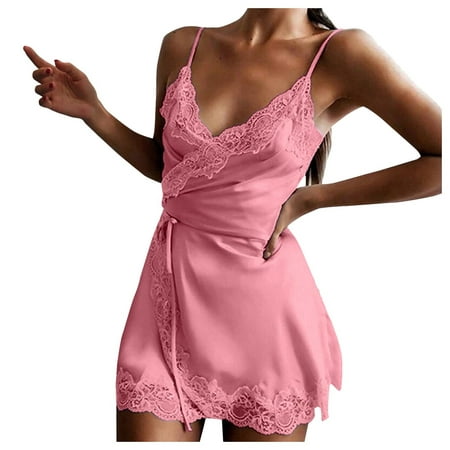 

Leesechin Clearance Womens Sleepwear Dress Lace Lingerie Sexy Sling V-Neck Nightie Nightgown Lingerie Bandage Interest Nightdress Pink 2XL