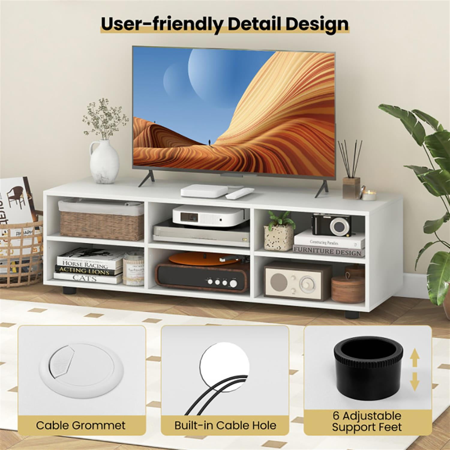 Demi Bonn TV Stand for 50" TVs, Entertainment Center with Storage Shelves, Modern Media TV Console Table for Living Room Bedroom, White