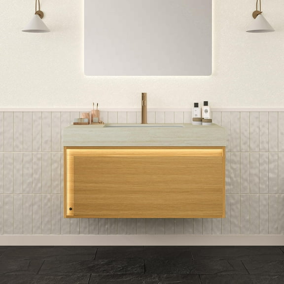 36" Floating Bathroom Vanity with Sink - Sensor Light, Ultra-Slim Grille, Pre-Assembled Travertine Stone Top & Ceramic Basin, Light Woodgrain