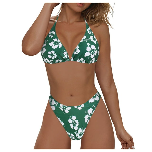 WUANDIXFA Ensembles de Bikini pour Femmes Femmes Bikini Taille Haute Mode Deux Pièces Rétro Froncé Taille Haute Imprimé Ensemble de Bikini Vert,P