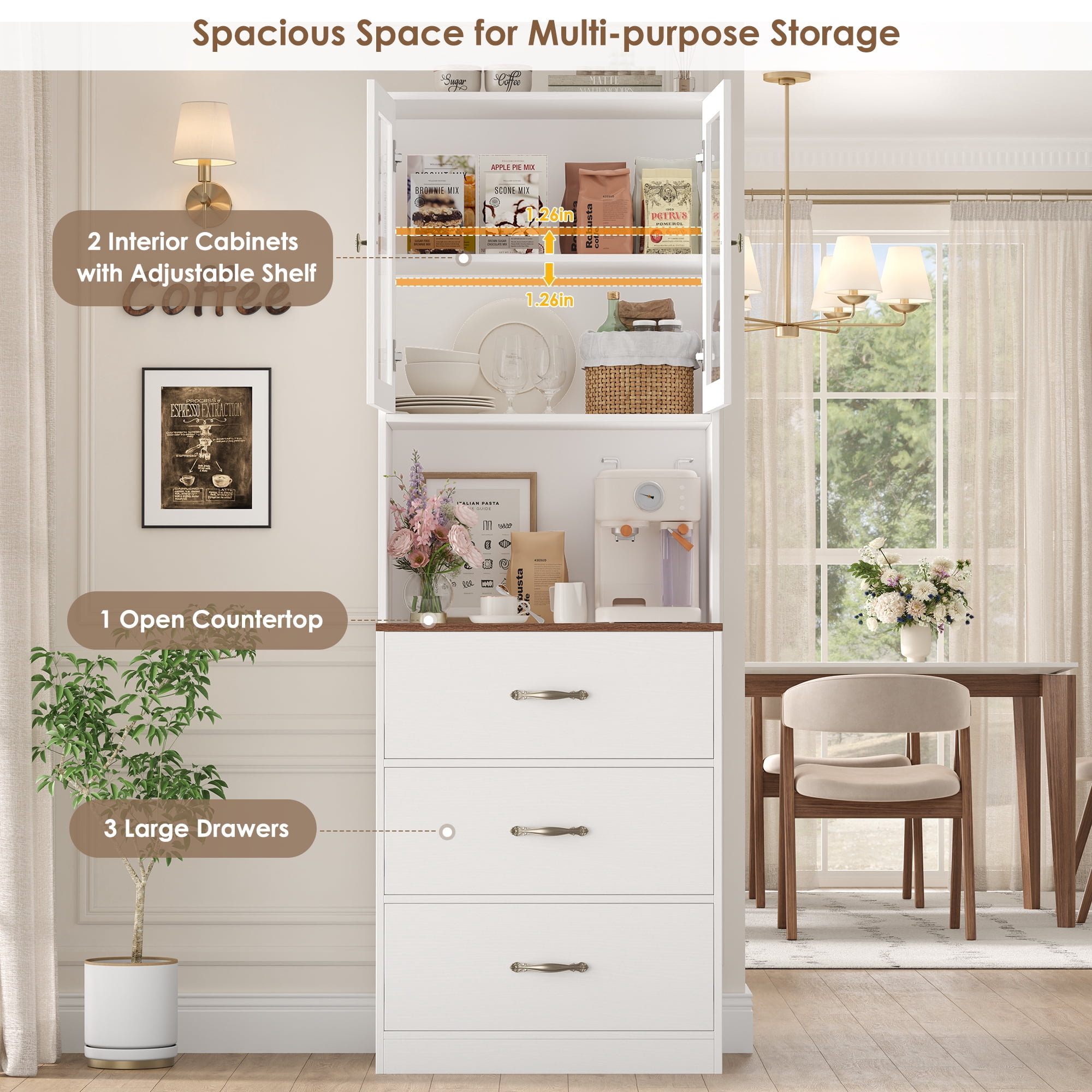 Homfa 71" Tall Kitchen Pantry Cabinet, Freestanding Storage Cupboard with Glass Doors, 3 Drawers & Adjustable Shelves, Modern Coffee Bar Cabinet for Kitchen Dining Room Living Room, White Oak