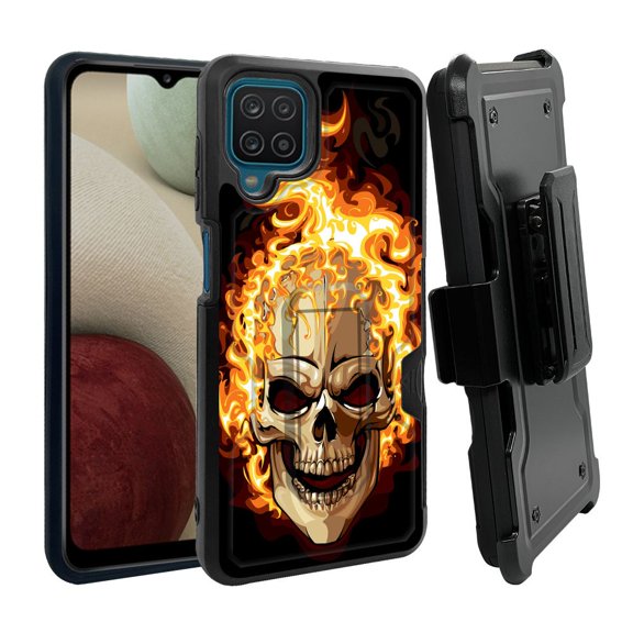 ANJ  Rugged Dual Layer Shockproof Holster Case w/Card Slot, Kickstand   Tempered Glass for Samsung Galaxy A12 - Flame on Skull