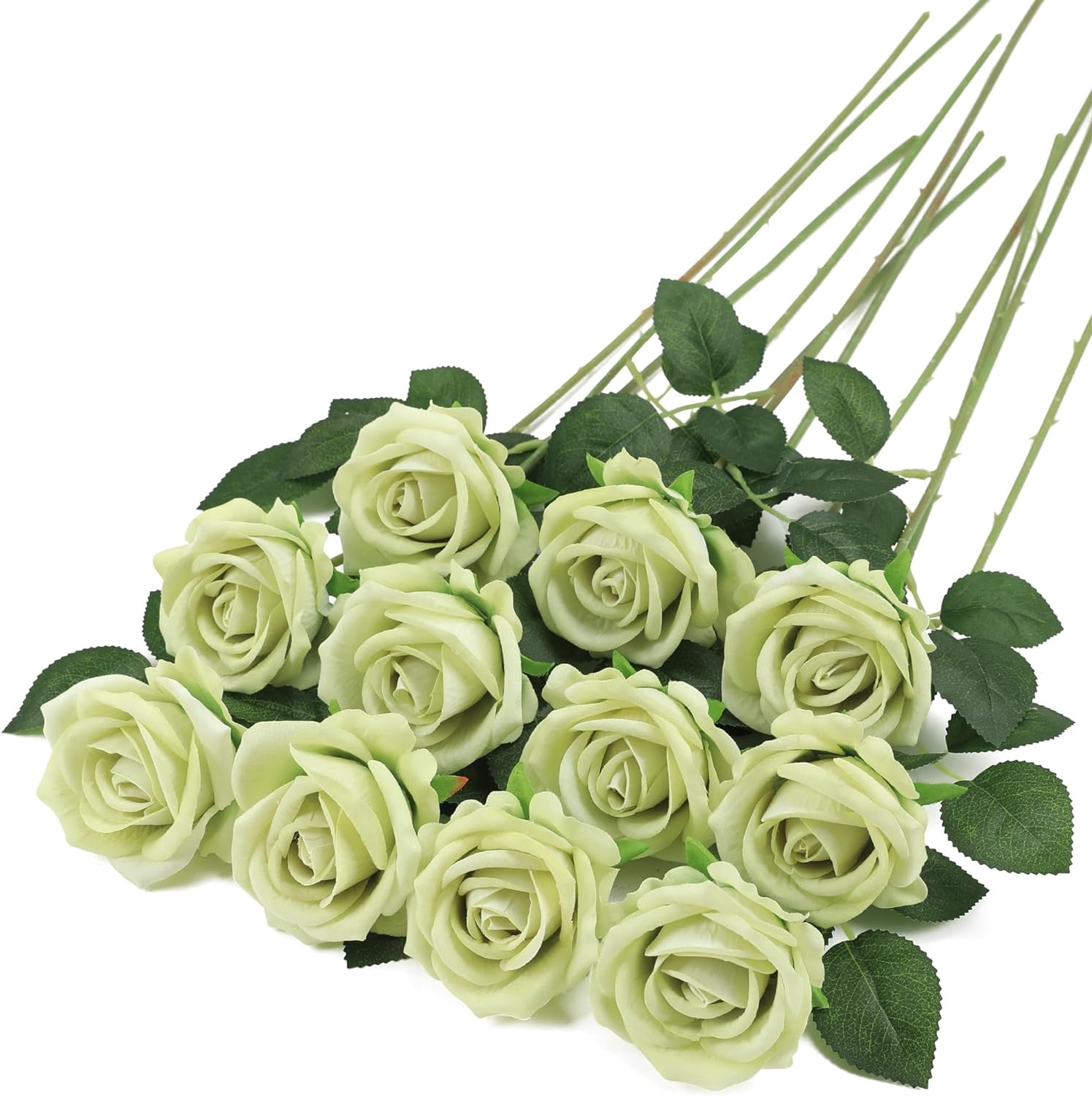 Fake Roses Artificial Silk Flowers - Green Roses Artificial Faux Flowers with Stems for Home Wedding Centerpiece Hotel Office Decor