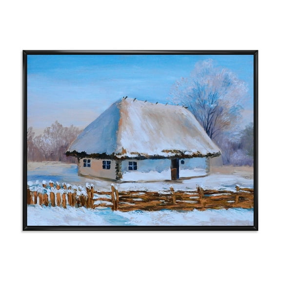 Designart 'Traditional Cottage Covered With Snow In Winter I' Traditional Framed Canvas Wall Art Print