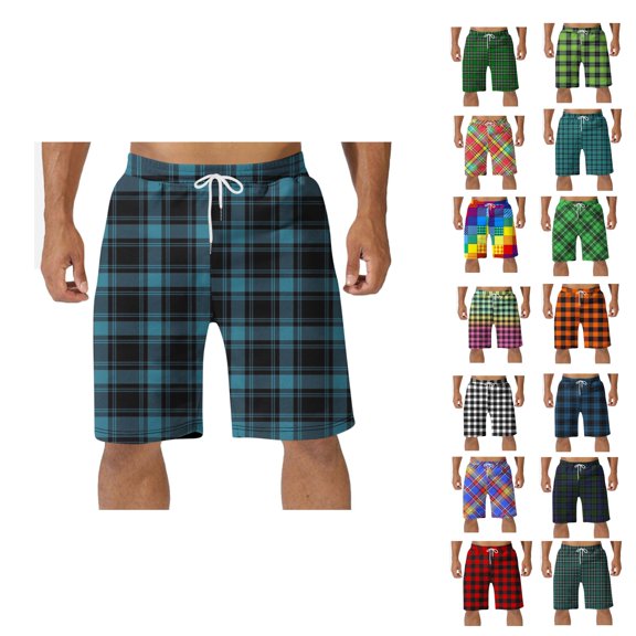 HVOBTTY Summer Men's Shorts Plaid Tone Elastic Waist Drawstring Pockets Cozy Soft Sleep Bottoms