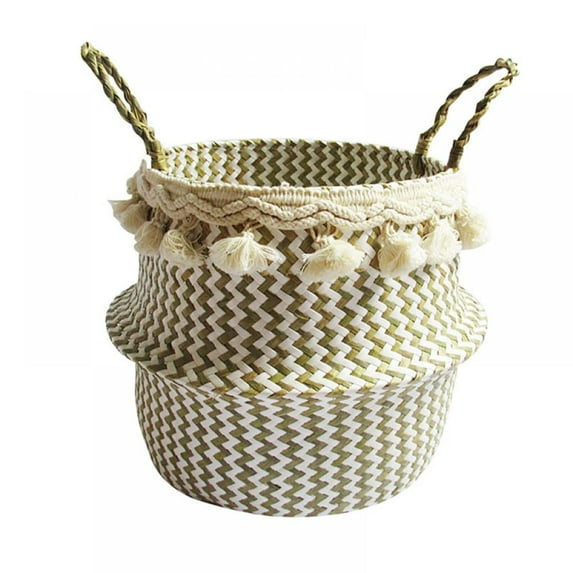 Tassel Woven Seagrass Belly Basket Storage Plant Pot Basket Picnic Straw Basket for Picnic, Storage,Laundry,Picnic,Home Decor