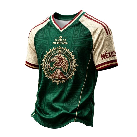 Mexico 2026 Soccer Cup Fan Jersey for Men, V-Neck Short Sleeve T-Shirt with Eagle & Vintage Totem Print, Breathable Casual Sports Tee Pullover Top, 1 PC Army Green L