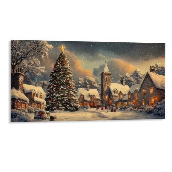 Christmas Village Scene Canvas Art 48x24 Inch Framed Wall Painting Snowy Town with Christmas Tree and Church for Home Decor