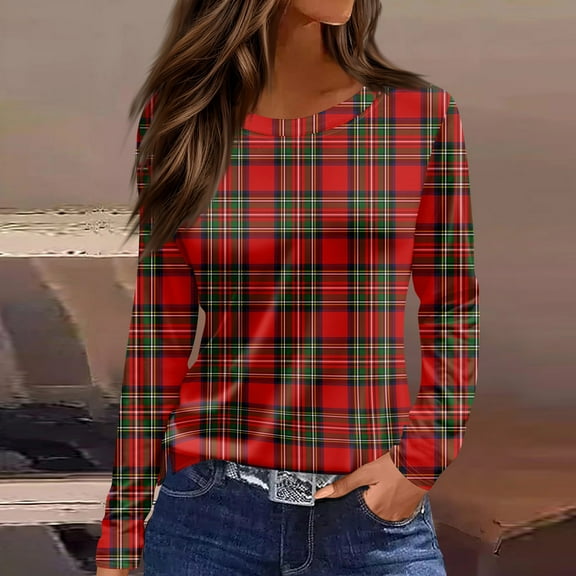 Women Tunic Tops Long Sleeve Plaid Shirts Loose Fit Crewneck Color Block Blouse Chic Fall T Shirts Casual Blouse 2026 Red M
