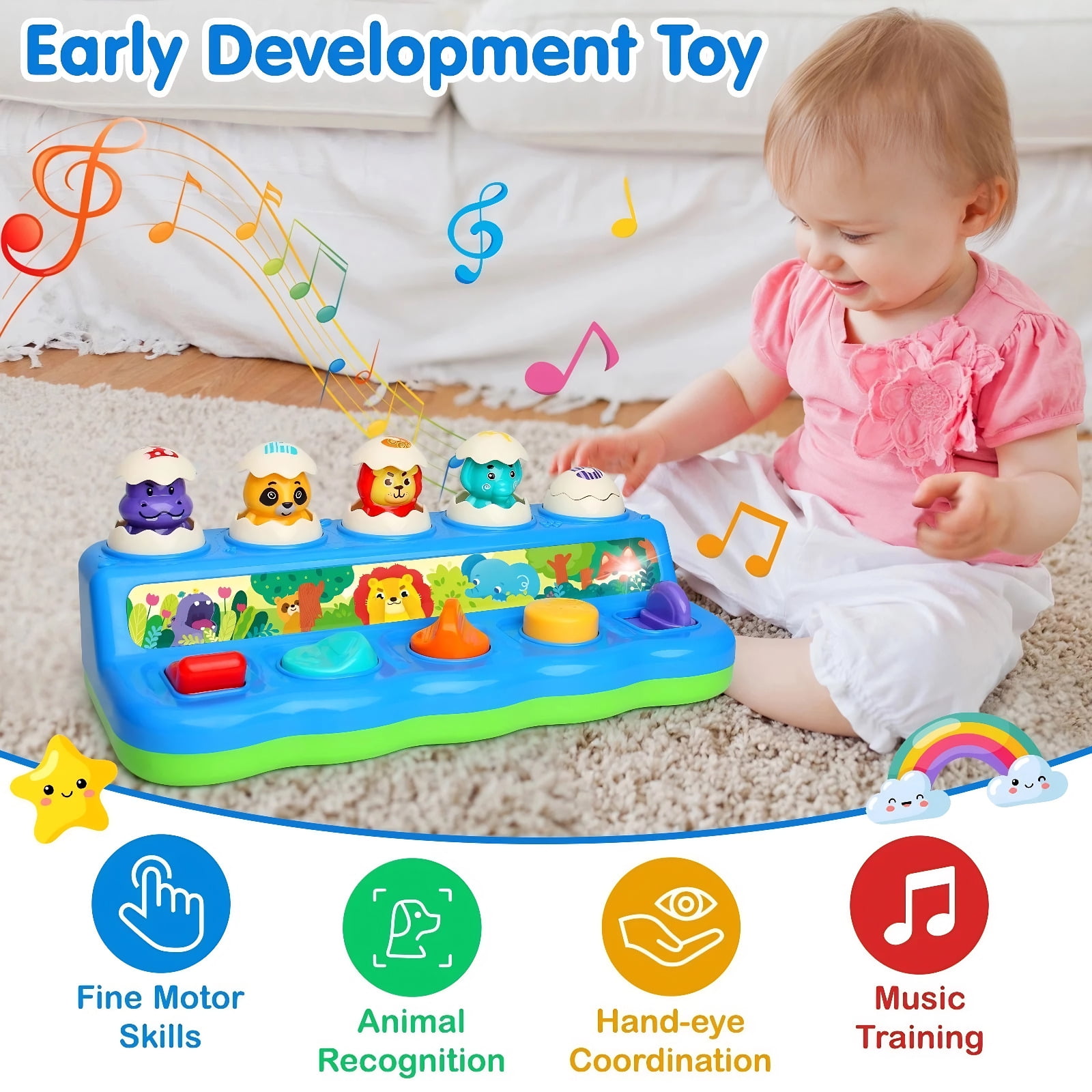 Yerloa Baby Toys 6-12 Months, Interactive Animal Pop Up Toy with Music & Light, Cause and Effect Toys for 1 Year Old, Montessori Early Learning Toys for Toddlers 1-3, Birthday Gift 9-12-18 Months