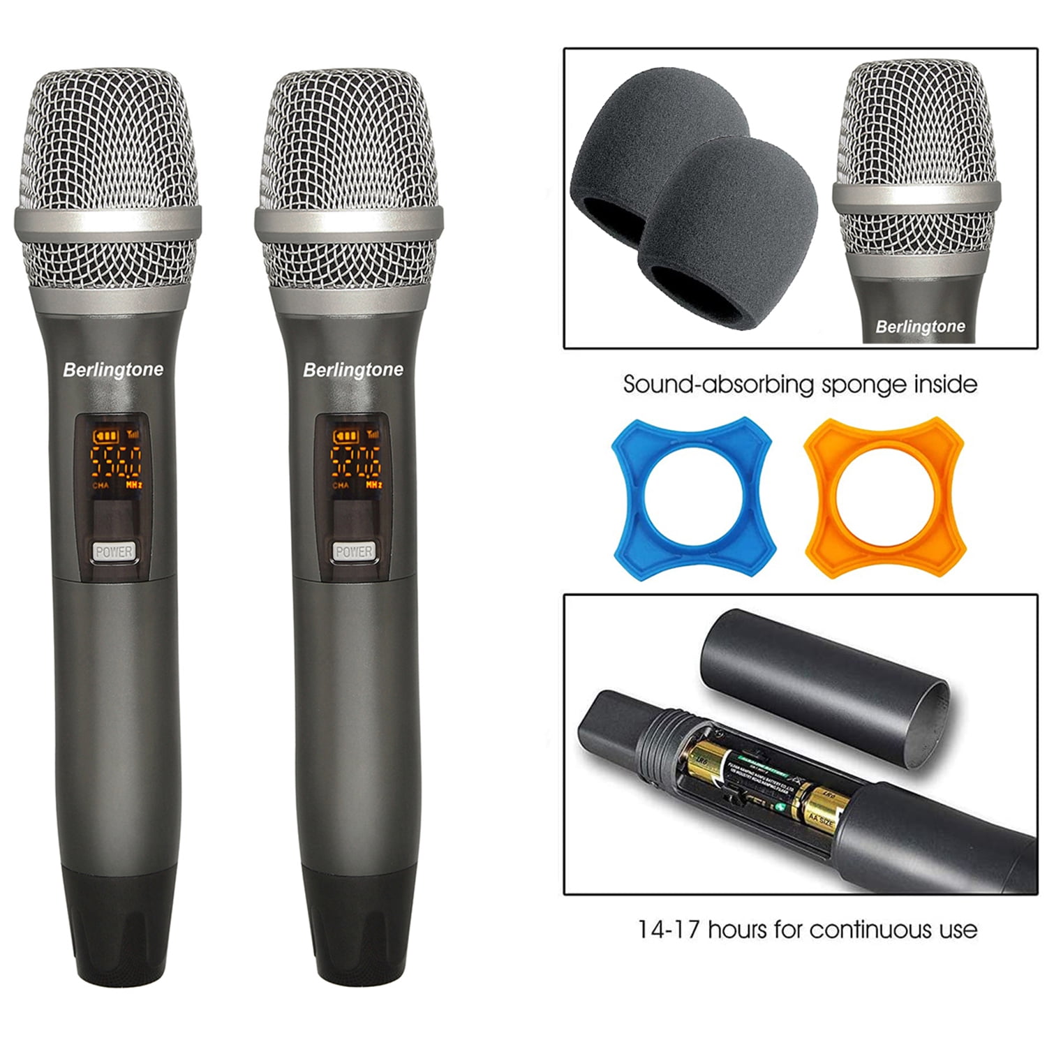 Berlingtone BR-52UM Professional Dual Dynamic Handheld UHF Wireless Microphone System, Metal Microphone and Base, for Singing, Karaoke, Church, Wedding, meeting, up to 260ft Range