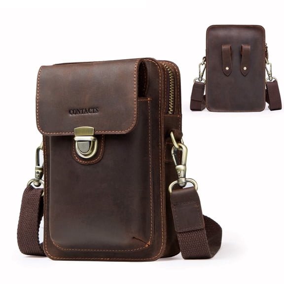 Contact's Mens Mini Crossbody Waist Pack Leather 6.7 inch Phone Wallet Anti-Theft Lock Belt Bag for Men Messenger Shoulder Bag for Travel Camping
