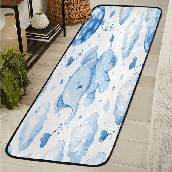CURLYOOT Cute Blue Elephant Runner Rug 2'x6' Washable Kitchen Runner Rug Indoor Non Slip Laundry Rugs Floor Carpet for Hallway Kitchen Entryway Bedroom Living Room