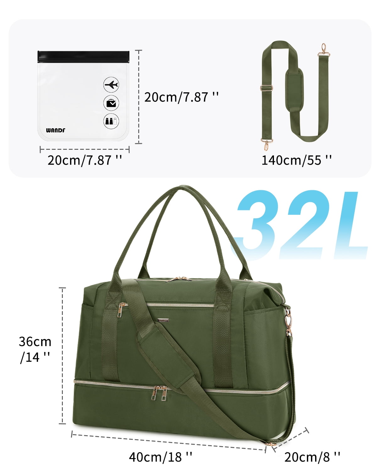 Travel Carry on Bag for Spirit Airlines Personal Item Bag 18x14x8 Underseat with Shoe Compartment, Tsa Approved Toiletry Bag with Wet Pocket,Gym Business Weekender Bag(Green)