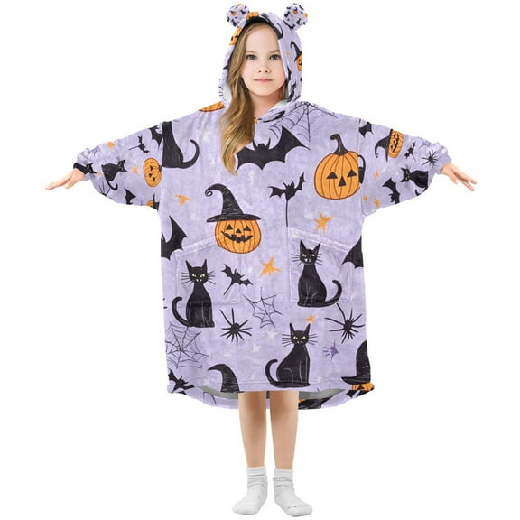FORMRS Wearable Blanket Hoodie with Sleeves for Kids Cozy Flannel Sweatshirt, Purple Halloween Pumpkin