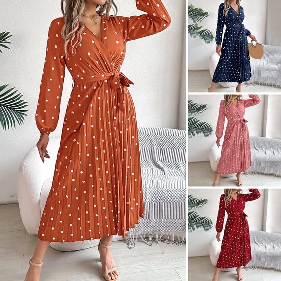 BAETEUY Women Long Sleeve Dress V-Neck Polka Dot Dress with Tie Waist