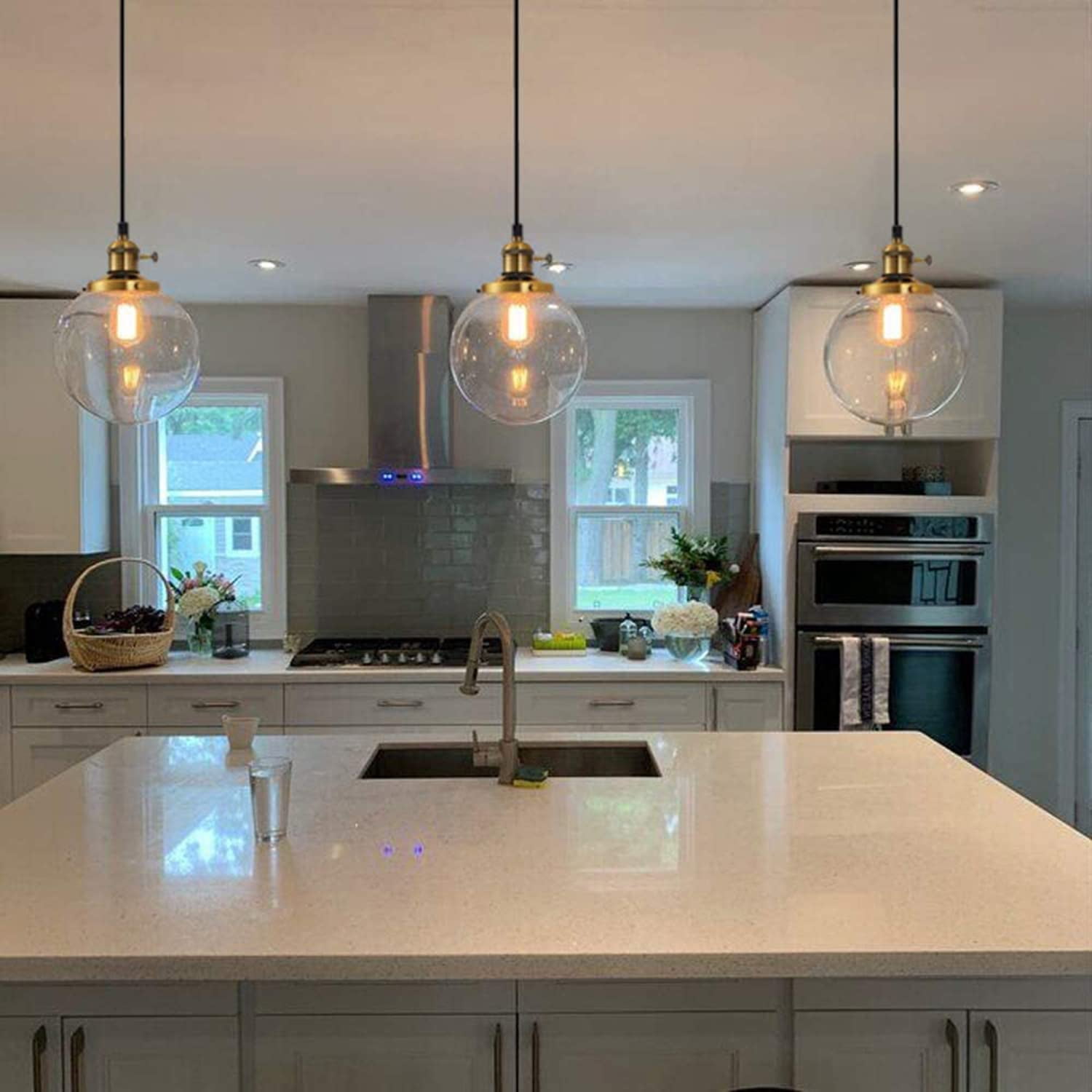 Kiven L-Type track lighting pendants,L track pendant lights with Clear Glass Lampshade,Vintage Track Lighting Fixture for Kitchen Hallway Cafe,Gold(3 pack)