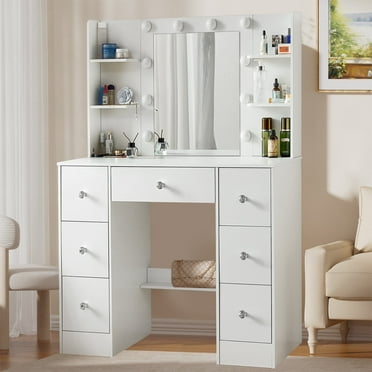 Caulitar Makeup Vanity Table Set with LED Lights Mirror Vanity Desk with 7 Drawers & 6 Shelves Dressing Desk White