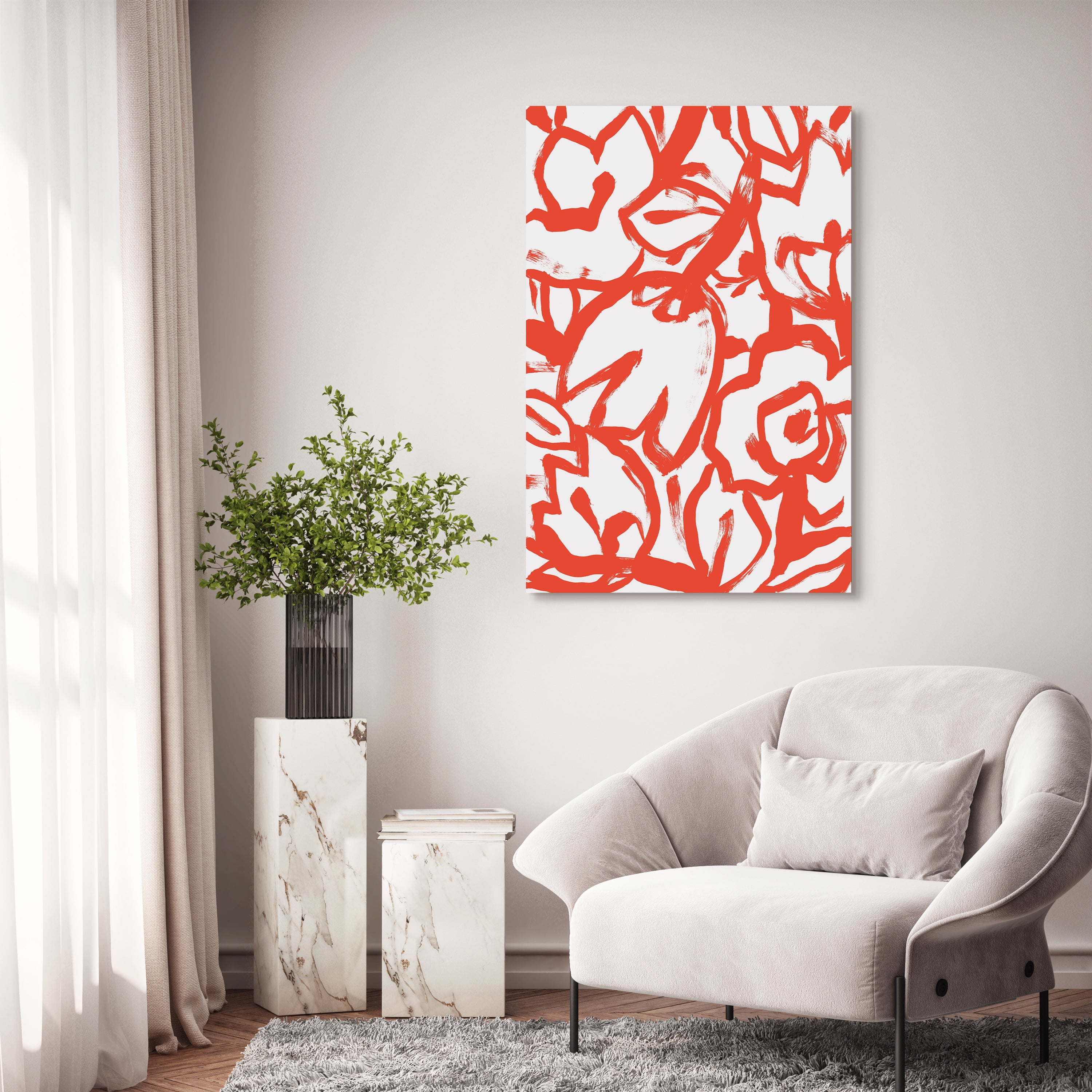 "Scarlet Blooms I" Red Brush Floral Unframe Free Floating Reverse Printed Tempered Glass Wall Art