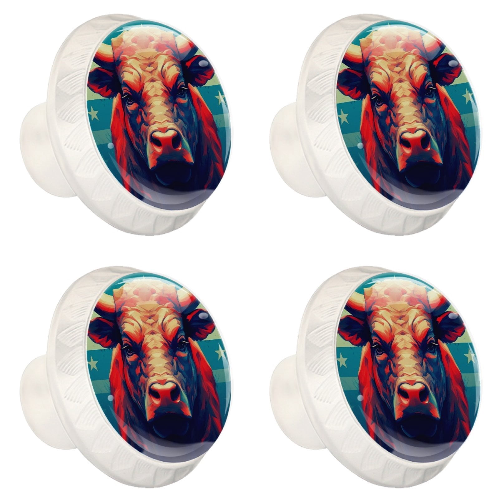 4 Pcs Cow American Flag Knobs for Kitchen Cabinet Cupboard Dresser Bookcase Drawer Pulls Handles Round Home Decor